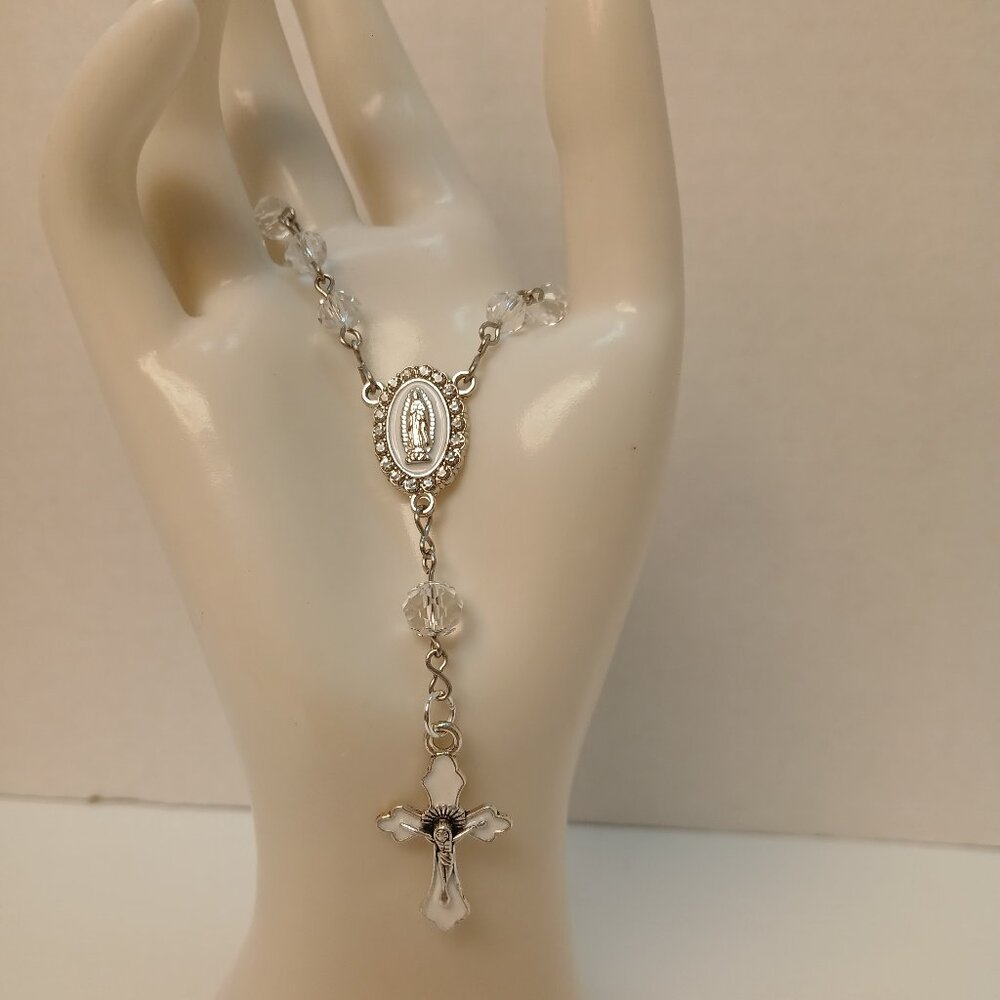 Clear Crystal and Enamel - Rosary for Rearview Mirror - Mini Rosary